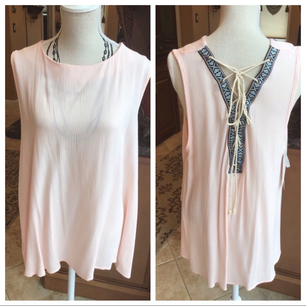 Embroidered Back w/lace up Detail high Neck Top